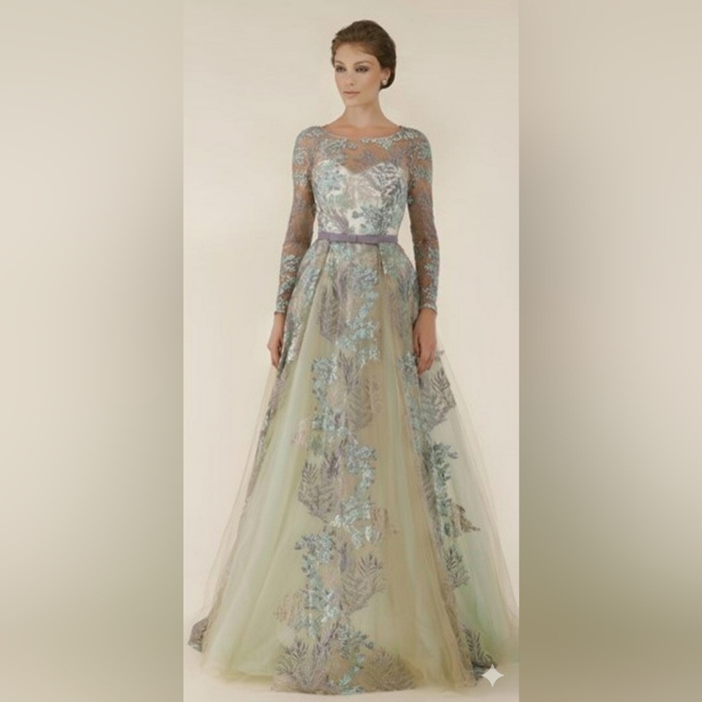 NWT Size 4 Rina diMontella Aqua & Multi Embroidered Botanical Gown - Picture 5 of 14